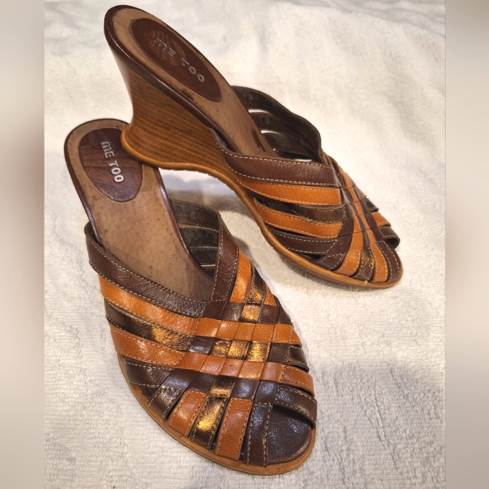 Leather peep toe fisherman basket weave wedge sandals- size 8